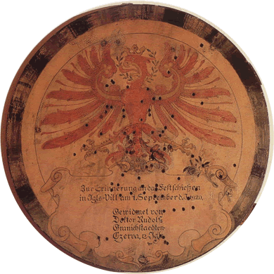 Schützenscheibe vom Festschießen in Igls 1920, gewidmet von Dr. Rudolf Granichstaedten-Czerva. Original im Schützenheim der SK Igls/Vill.